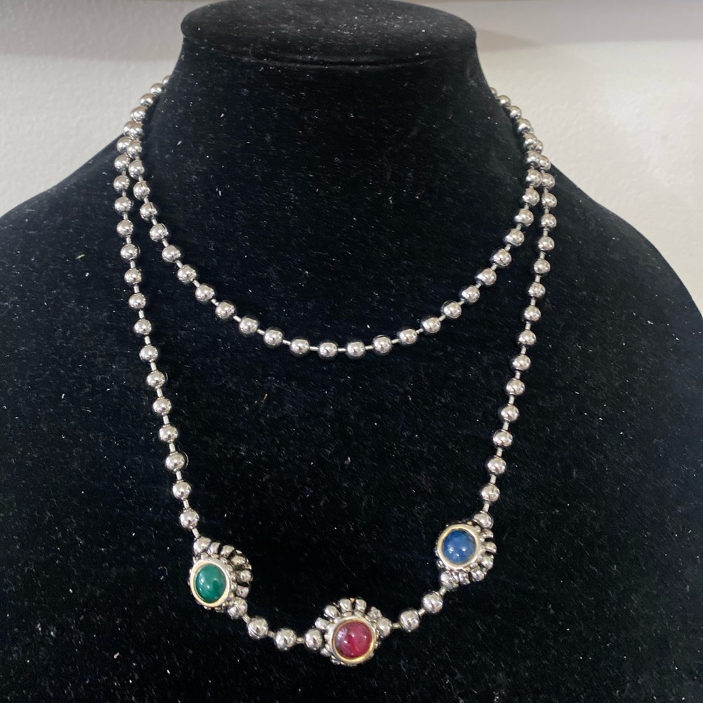 Sterling Silver ball chain gripoix style multicolored gemstone necklace